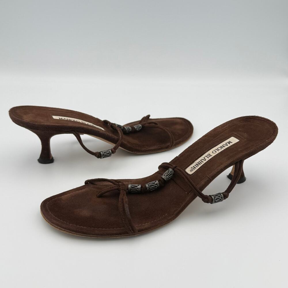 Manolo Blahnik Brown Suede Beaded Sandals Size 38 - Picture 3 of 5